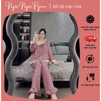 Set Bộ Đồ Thu Đông Chất Thô Gân Nhung Mềm Kẻ Cổ Điển Cổ Ren Tiểu Thư, Đồ Bộ Mặc Nhà Tay Dài Quần Dài Nhẹ Xinh - K88