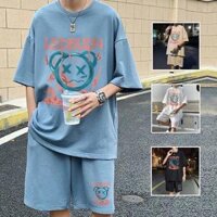 Set bộ đồ Thun Nam Thể Thao Mùa Hè in mặt Gấu Kiểu Dáng Năng Động Hàn Quốc - XANH DƯƠNG - SIZE M