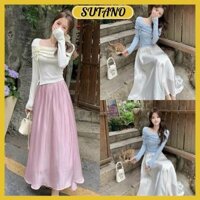 Set bộ đồ tiểu thư nữ áo tăm dài tay cổ vuông đính hoa phối chân váy tơ dài 2 lớp B281 SUTANO