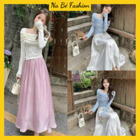 Set bộ đồ tiểu thư nữ áo tăm dài tay cổ vuông đính hoa phôi chân váy voan tơ dài 2 lớp thanh lịch