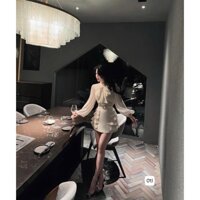 Set bộ đồ tơ hai màu KEM ĐEN kèm chân váy chữ A kiểu bèo tầng, set bộ đồ nữ voan tay dài cổ nơ buộc kèm váy hàng TỰ MAY