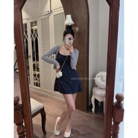 Set bộ đồ váy 2 dây dáng ngắn cổ phối ren đính nơ mix áo cardigan dài tay tiểu thư, Set bộ đồ 2 chi tiết thanh lịch