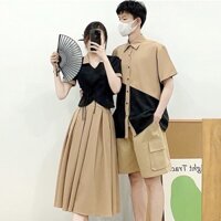 Set bộ đôi 3 món vợ chồng: Áo và Váy xếp ly nữ + sơmi nam phối hợp nhã nhắn đẹp