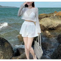 Set bộ đùi 3 món bara có mút len ren áo tay dài hở eo kiểu dáng sexy quyến rũ xinh xắn đi biển dịp hè 💃💃    SHOPBOSTOR