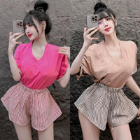 Set Bộ Đùi Áo Thun Thụng Cổ Tim Tay Ngắn Viền Sọc + Quần Short Xoè Mango Sọc Lưng Chun