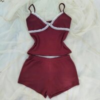 Set bộ đùi cổ V phối ren cực sexy, Áo 2 dây kèm quần short lưng thấp hot trend 3 màu che tên