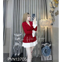 Sét bộ đùi giả váy cổ vest tay dài tuyết mưa bay bèo loe trắng dập ly mix quần đùi 2 màu đen đỏ