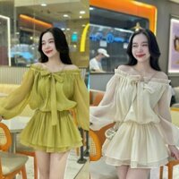 Set Bộ Đùi Giả Váy Tiểu Thư Chất Voan Hai Lớp Xịn Xò Trễ Vai Dài Tay Cột Nơ Dáng Phồng Tôn Da Tôn Dáng
