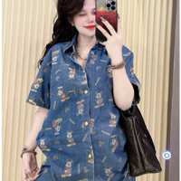 Sét Bộ Đùi Jeans Nữ Áo Sơ Mi fom Rộng Tay Lỡ Kèm Quần Đùi Hoạ tiết Dể Thương