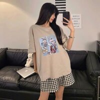Sét bộ đùi ngắn cho nữ quần kẻ caro meina_studio, sét mặc nhà quần short nữ caro áo thun cotton form rộng in hình xinh