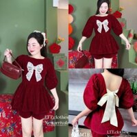 Set bộ đùi nữ trẻ trung chất nhung kim tuyến áo tay lỡ búp hở lưng from rộng nơ dệt hot cực dễ thương