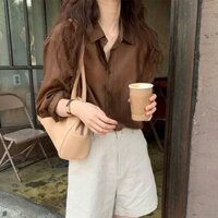 Set bộ đùi phong cách Hàn Quốc đơn giản thanh lịch trẻ trung áo sơ mi lụa ý phối quần bố xước ống rộng