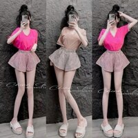 sét bộ đùi quần kaki chữ a kẻ sọc  ống rộng kèm áo thun trơn viền tay cổ tim lz