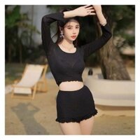 Sét bộ đùi sexy 3 món mặc đi biển chất ren áo lót hai dây phối chéo mix quần đùi ôm lai ren kèm áo khoác croptop tay dài