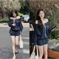 Sét bộ đùi thiết kế tiểu thư sang chảnh đáng yêu sét kaki sọc áo trễ vai dáng bí phồng tay dài cột nơ ngực phối quần đùi