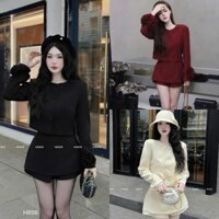 Sét bộ đùi trẻ trung chất kaki mềm tay dài đính hoa nút bọc cao cấp mix quần giả váy 2 lớp siêu dễ thương