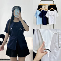 Set bộ Fashion bigsize nữ áo thủy thủ vạt nhọn đính nơ tay ngắn thắt eo kèm quần short thời trang xinh mặc mát SET837