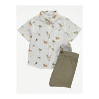 Set bộ George bé trai áo sơ mi tay ngắn họa tiết quần kaki short khuy cài màu xanh lá