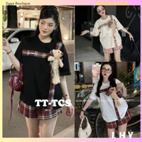 Set bộ gồm áo phông phối nơ kèm gấu mix kèm quần sooc kẻ caro