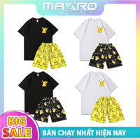 Set Bộ Hoạt Hình Áo Thun Pikachu Tay Lỡ Phối Quần Đùi Cartoon Dáng Rộng Unisex