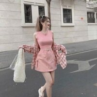 Set Bộ Hồng Áo Ba Lỗ Croptop Mix Khoác Sơ Mi Đũi Caro Phối Chân Váy Kaki Túi Hộp