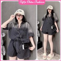 Set bộ jean áo sơmi nút tay ngắn form rộng quần đùi có túi lưng thun co dãn màu xám loang form 38-60kg
