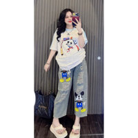 Set Bộ JEAN MICKEY QUẦN BAGGY RÁCH Hàng Quảng Châu cao cấp chuẩn Loại 1, Bộ đồ JEAN nữ xịn outfit hottrend xu hướng mới