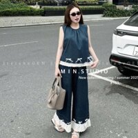 set bộ jean nữ,bộ đồ nữ mùa hè áo ba lỗ nữ quần dài ống rộng nữ kê ren cao cấp K223