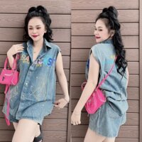 Set bộ jeans nữ áo cánh dơi phối cổ sơ mi với họa tiết chữ xinh xắn dành cho các nàng