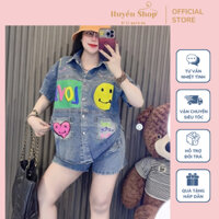 Sét Bộ Jeans  Nữ Áo Sơ Mi Tay Ngắn In Hình Mặt Cười Mix Quần Short Đùi,Phong Cách Trẻ Trung.Huyền Shop