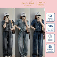 Sét Bô Jeans Nữ Gồm Áo Sơ Mi Tay Ngắn Túi Hôp Mix Quần Suông Dài Cạp Chun,Chất Bò Mềm Có 3 Màu,2 Size S Và M,Huyền Shop