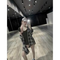 Set bộ jum thiết kế thời trang nữ chất thun gân cổ tròn tay ngắn áo khoác ngoài kate bố sọc caro quần ngắn siêu xinh