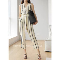 Sét bộ Jumpsuit nữ cổ V kẻ sọc ống rộng đồ liền thân dáng dài kèm đai ôm eo tôn dáng sang chảnh Kim Shop Women's Wear