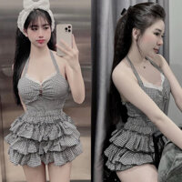 Set Bộ Kate Áo Yếm Caro Phối Ren Croptop Đính Cúc + Chân Váy Tầng Caro Bí Chun