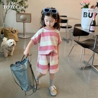 Set bộ kẻ xốp hồng cộc tay cho bé gái, chất vải thoáng mát cho mùa hè năng động