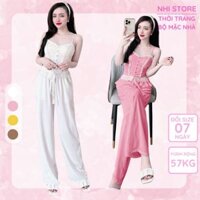 Set Bộ Kiểu NHISTORE Bộ Dài Quần Ống Rộng Áo Croptop 2 Dây Có Mút Ngực Phối Ren Lưng Sau Dún Thun Dưới 57Kg