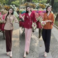Set Bộ Lam Áo Viền Cổ V Đính Nút Mây Thêu Hoa Phối Quần Suông Ống Rộng