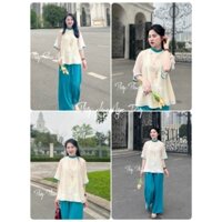 Sét bộ Lam chùa mẫu mới nhất thời trang nữ áo chất VOAN TƠ 2 lớp cổ lọ cao tay lỡ rộng viền mix quần tuyết nhung suông