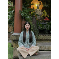 Sét bộ lam đi chùa, pháp phục đi lễ cổ chữ v nút gài thêu họa tiết chất tuyết nhung 9110tb, sét bộ đồ đi chùa NA