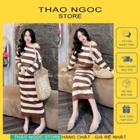 Set bộ len sọc nữ áo croptop trễ vai phối chân váy ôm dài hàng nhập (có sẵn, hình thật) THẢO NGỌC STORE