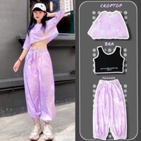 Set bộ loang màu cute quần bo gấu kèm 2 áo croptop (Tím và Xanh)