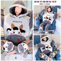 Set bộ lông màu ghi thêu bò sữa kute, Đồ bộ mặc nhà thu đông có mũ trùm đầu mềm ấm - KHOSI
