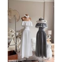 Set bộ lụa dài giả váy áo trễ vai bèo phối viền ren quần ống rộng dễ thương tặng kèm dây buộc tóc cùng màu