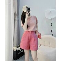 SÉT BỘ LỮNG ĐÙI THỜI TRANG NỮ ÁO CHẤT COTTON TRƠN TAY NGẮN + QUẦN SHORT ĐÙI KAKI MÀU HỒNG QC