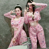 Set Bộ Mặc Nhà Hello Kitty Cute 3 Món: Áo Khoác Áo Cổ Yếm Croptop Kèm Quần Suông