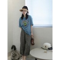 Sét bộ Mặc nhà nữ Quần dài Caro Baggy Áo thun ngắn tay in hình dể thương, Đồ bộ mặc nhà Chất Đũi mềm