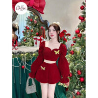 Set bộ mặc tết, chất Nhung cứng áo cúp ngực tay dài nhún quần đùi lưng cao kèm phụ kiện xinh xắn dễ thương ĐẦM VÁY
