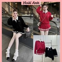 Set Bộ Miu Miu Áo Cổ Bẻ Trắng Có Cúc Eo Bo Chun Mix Chân Váy Xếp Ly Phối Kẻ Ngang Freesize