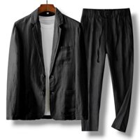 Set Bộ Nam Thu Đông Áo Blazer Phối Quần Dài Suông Trơn Form Rộng Vải Linen Cao Cấp