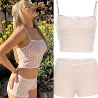 Set bộ ngủ áo hai dây croptop và quần short đùi chất dệt lưới mỏng thoáng mát dành cho mùa hè thời trang nữ - Tiktik